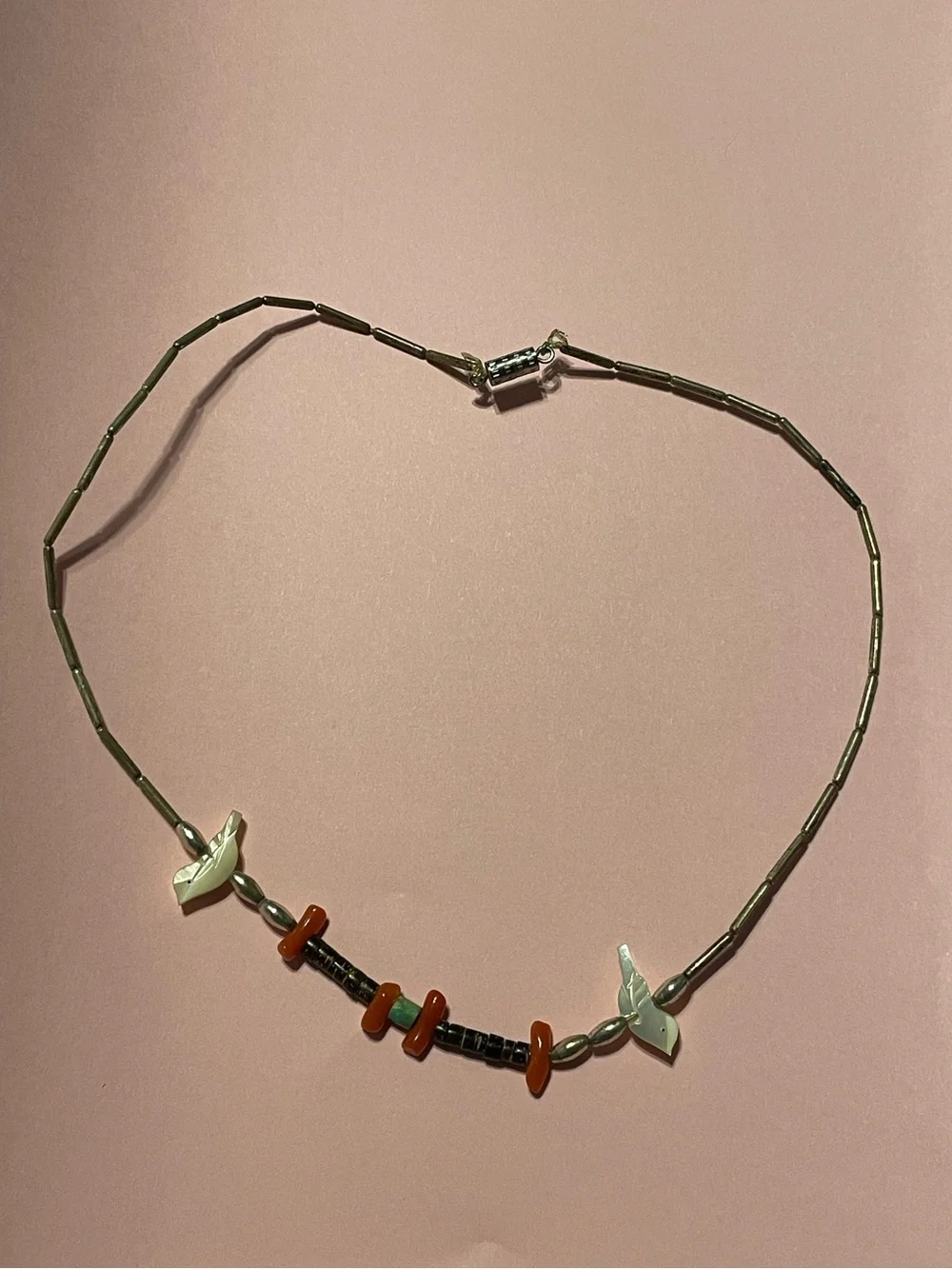Vintage Turquoise Coral Heishi Liquid Silver Bird Necklace #9380
